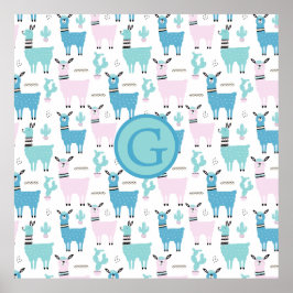 Poster Llama Alapaca Monograma Animais Azul Rosa Animais