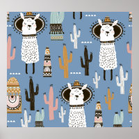 Llama, Cactus, Padrão De Elementos Desenhados À Mã