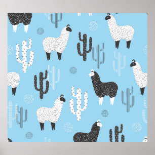 Poster Llama e cacto, padrão fofo.