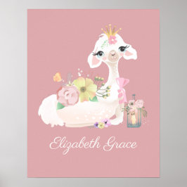 Poster Llama Rosa e Branco com Flores Girly