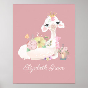 Poster Llama Rosa e Branco com Flores Girly