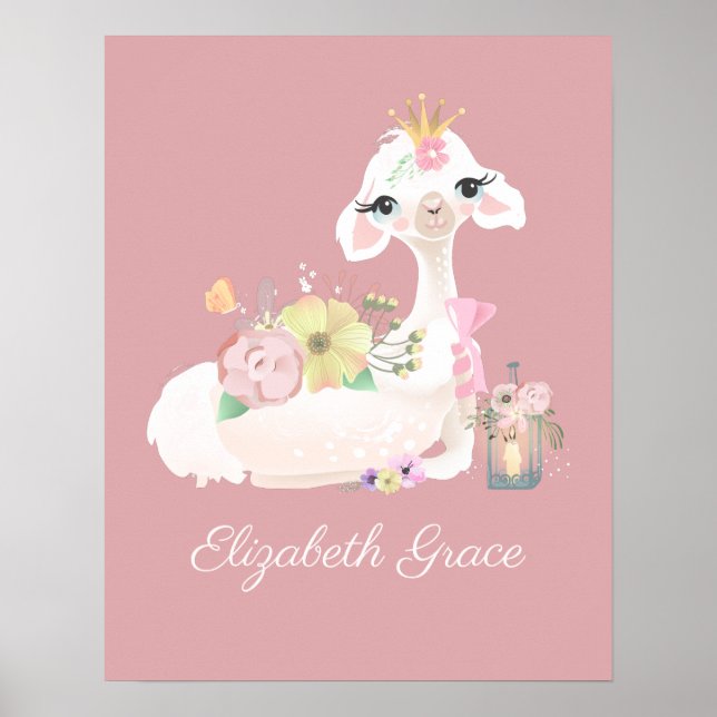 Poster Llama Rosa e Branco com Flores Girly (Frente)