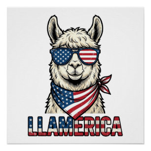 Póster Llamerica Llama Patriótico Design Vetorial Vintage