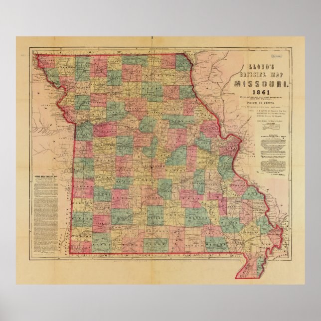 Poster Lloyd's Office Map of Missouri (1861) (Frente)
