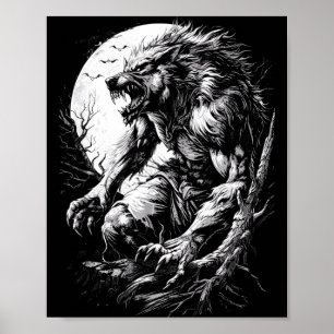 Poster Lobisomem lobo uivando na lua cheia