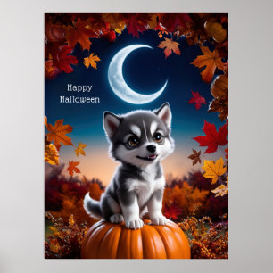 Poster Lobo Adorável com Arte de Halloween Crescente
