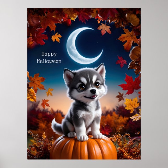 Poster Lobo Adorável com Arte de Halloween Crescente (Frente)