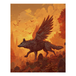 Póster Lobo Alado Flamejante na Fogueira do Pôr do Sol