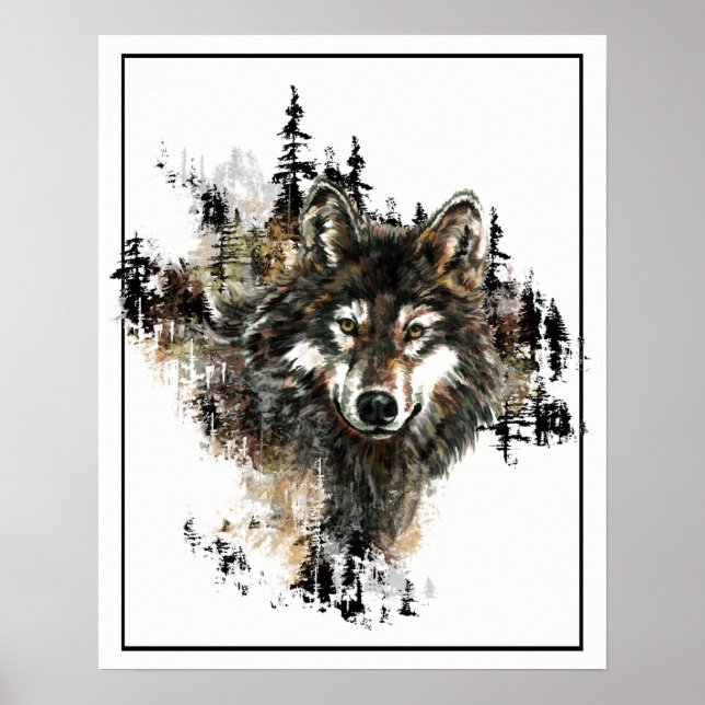Poster Lobo Aquarela com Arte de Montanha (Frente)