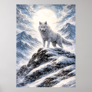 Poster Lobo Ártico no Topo de Montanha Nevada - Arte Anim
