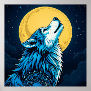 Poster Lobo Azul Místico Howling em lua cheia