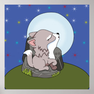 Poster Lobo Bebê Uivando Para a Lua
