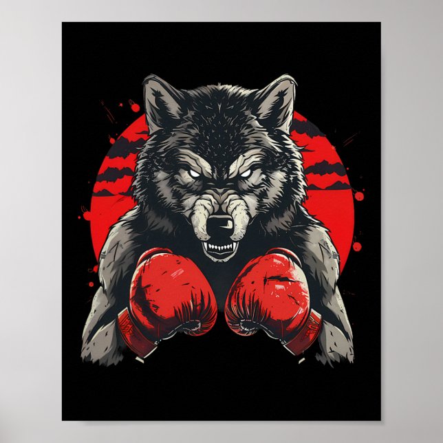 Poster Lobo Boxeador Com Luvas de Boxe Kickboxing Boxe Di (Frente)