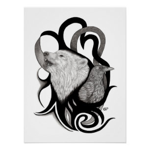 Póster Lobo Branco com Arte Tribal Raven
