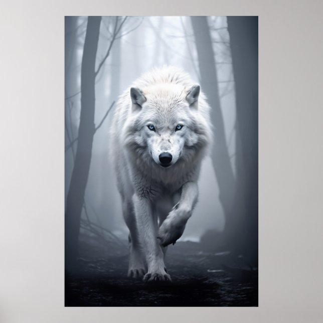 Poster Lobo Branco na Floresta Foggy (Frente)