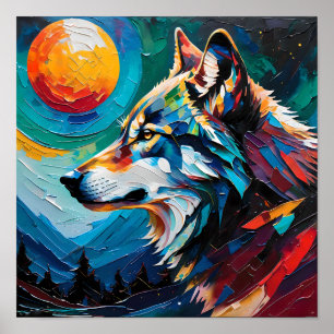 Poster Lobo Celestial Sob a Lua Pintada – Abstrato 