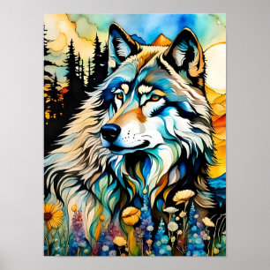 Poster Lobo-cinza e flores selvagens