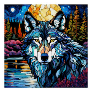 Póster Lobo-cinza no vidro corado da floresta