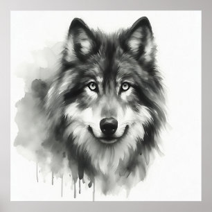 Poster Lobo Cinzento Majestoso Aquarela Impressionante de