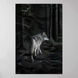 Poster Lobo Cinzento na Floresta Sombria de Coníferas Art