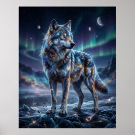 Poster Lobo Cósmico Sob o Céu da Aurora