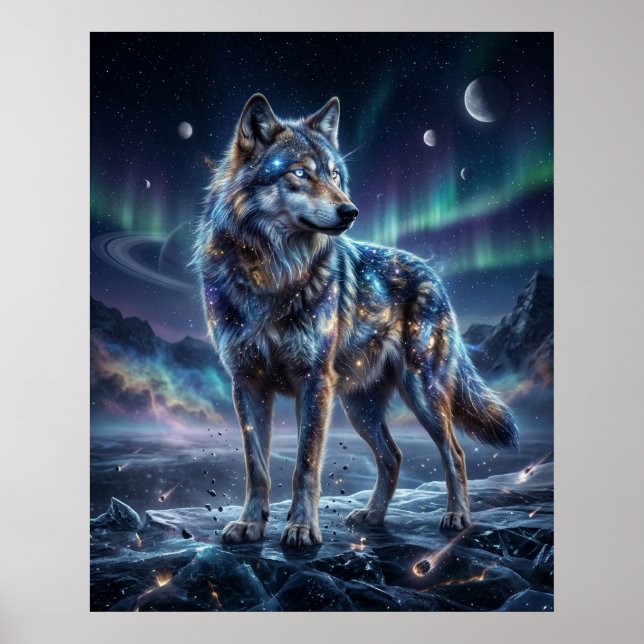 Poster Lobo Cósmico Sob o Céu da Aurora (Frente)