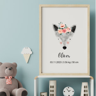 Poster Lobo de Aquarela Cuta com Flores Posto de Enferm