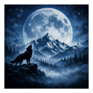 Póster Lobo do Deserto Místico Sob a Lua Noite na Monta