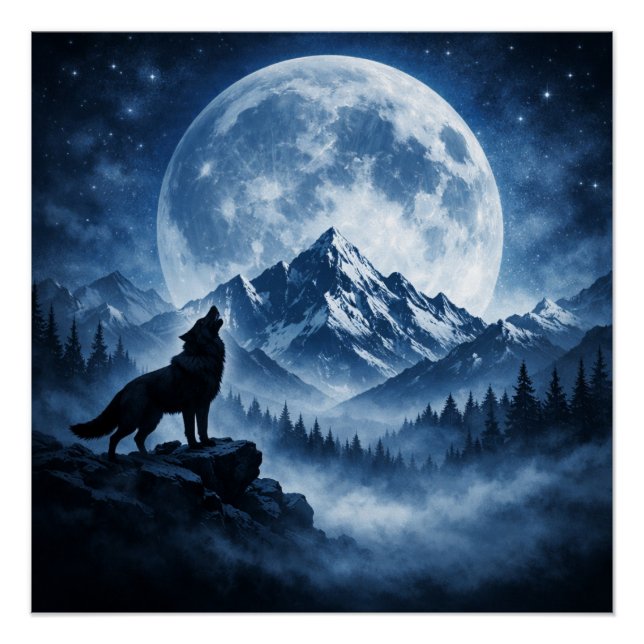 Póster Lobo do Deserto Místico Sob a Lua | Noite na Monta (Frente)
