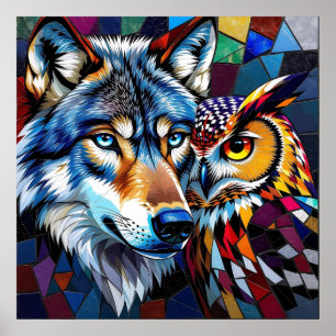 Poster Lobo e Coruja Vibrantes e Coloridos