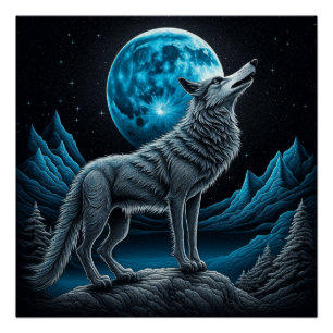 Póster Lobo em frente à lua cheia   arte AI