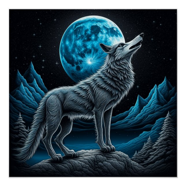 Póster Lobo em frente à lua cheia | arte AI (Frente)