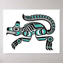Póster Lobo Espírito Azul Teal e Negro Haida