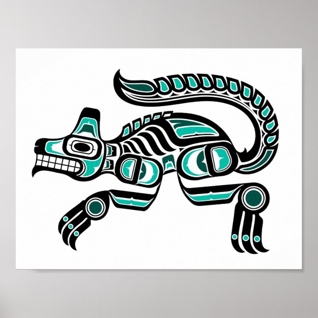 Póster Lobo Espírito Azul Teal e Negro Haida (Frente)