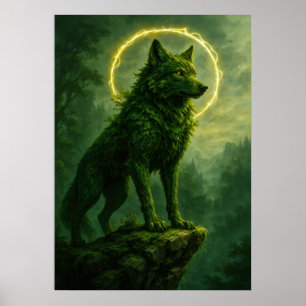 Poster Lobo Espírito Floresta com Halo Fantasy Brilhante