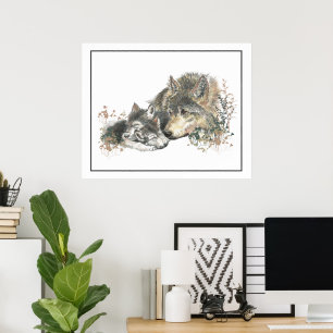 Poster Lobo & Filhote de Lobo em Arte Animal de Aquarela