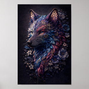 Poster Lobo Floral Intricado Roxo Azul Espírito animal