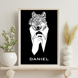 Poster Lobo Hipster Engraçado com Smoking Preto Personali