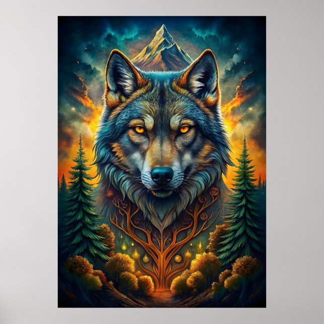 Poster Lobo majestoso cercado pela natureza (Frente)