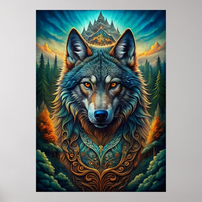 Poster Lobo Majestoso na Floresta Mística (Frente)