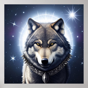 Poster Lobo Majestoso Sob Céu Estrelado