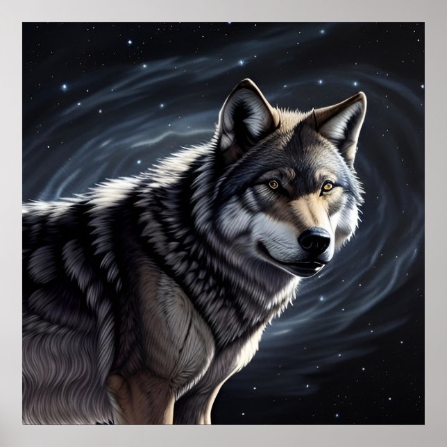 Poster Lobo Majestoso Sob Céu Estrelado (Frente)