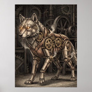 Poster Lobo Mecânico Steampunk Engrenagens de Latão Vitor