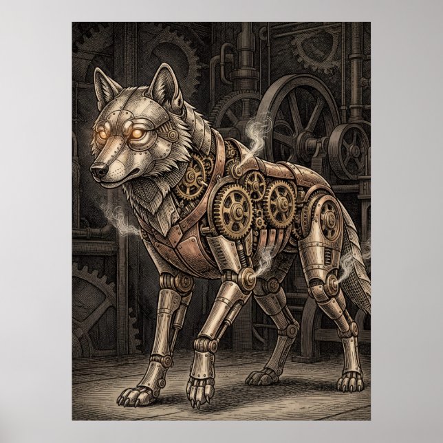Poster Lobo Mecânico Steampunk Engrenagens de Latão Vitor (Frente)