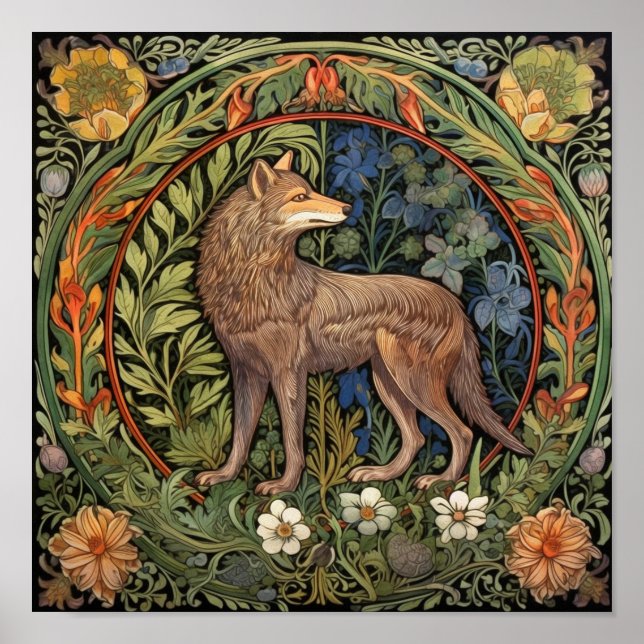 Poster Lobo na floresta art nouveau (Frente)