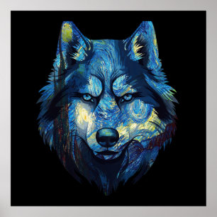 Poster Lobo na vida selvagem do abstrato da noite estrela