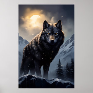 Poster Lobo Negro nas Montanhas Snowy