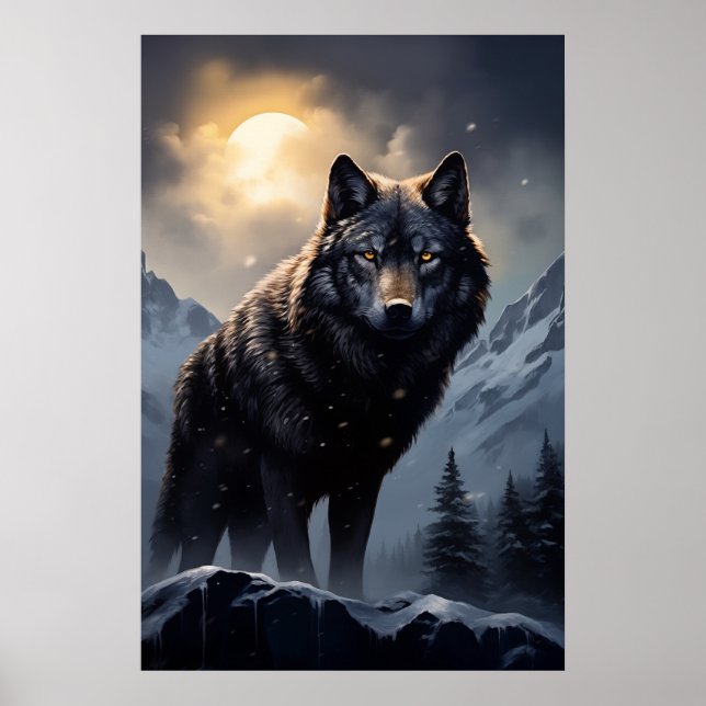 Poster Lobo Negro nas Montanhas Snowy (Frente)