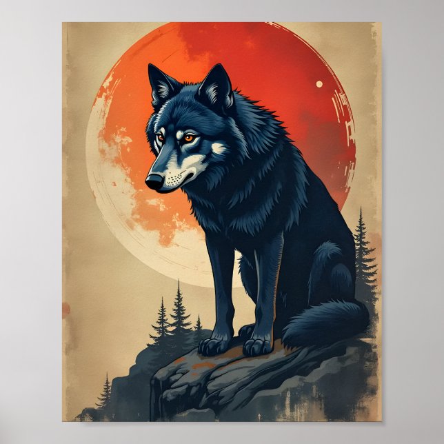 Poster Lobo Negro Sob Lua De Sangue (Frente)