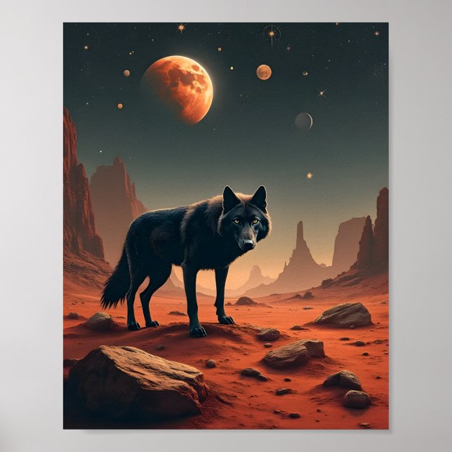 Poster Lobo Negro Sob paisagem marcial (Frente)